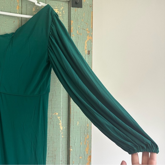 NWT Mac Duggal One Shoulder Puff Sleeve Faux Wrap Gown 10 Emerald Green Dress - Picture 10 of 11